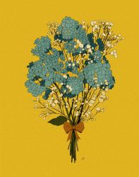 Rule 34 | baby&#039;s-breath, blue flower, bouquet, brown ribbon, commentary, english commentary, flower, flower focus, highres, hydrangea, leaf, libbyframe, no humans, original, plant, ribbon, signature, simple background, still life, white flower, yellow background