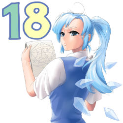 Rule 34 | 1girl, aged up, alternate hair length, alternate hairstyle, blue eyes, blue hair, cirno, drawing, dress, f2d, from behind, highres, ice, ice wings, icosahedron, long hair, looking at viewer, looking back, matching hair/eyes, no headwear, non-web source, notebook, ponytail, short sleeves, simple background, solo, touhou, upper body, white background, wings