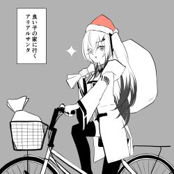Rule 34 | 1girl, absurdres, allial (coefont), bicycle, carrying over shoulder, christmas, coefont, collared shirt, colored tips, commentary, cross tie, feet out of frame, from side, greyscale, hair ornament, hair over one eye, hairclip, hat, highres, holding, holding sack, hood, hood down, hooded coat, long hair, long sleeves, looking at viewer, looking to the side, monochrome, multicolored hair, one side up, open mouth, riding, riding bicycle, sack, santa hat, shirt, simple background, smile, solo, sparkle, teckinder, thighhighs, translated, triangle mouth, wide sleeves