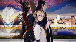 Rule 34 | 1boy, 1girl, bag, bandaid, bandaid on face, black hair, blonde hair, blue eyes, building, caution tape, cherry blossoms, choker, city, commentary, earrings, frown, glasses, guitar case, hair ornament, dreadlocks, holding hands, headphones, hetero, instrument case, jewelry, kagamine rin, looking at viewer, original, outdoors, petals, school uniform, short hair, shoulder bag, sky, smile, tazuma (u283), text focus, tree, vocaloid