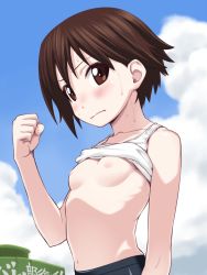 Rule 34 | 10s, 1girl, blush, breasts, breasts out, brown eyes, brown hair, clenched hand, clothes lift, cloud, day, flat chest, girls und panzer, isobe noriko, military, military vehicle, motor vehicle, navel, nipples, shirt lift, short hair, sky, small breasts, solo, sweat, tank, tank top, type 89 i-gou, wang-pac