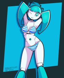 Rule 34 | 2022, absurdres, antylavx, armpits, artist name, bikini, blue eyes, blue hair, breasts, cleavage, dated, highres, humanoid robot, jenny wakeman, joints, looking at viewer, medium breasts, my life as a teenage robot, one eye closed, robot, robot girl, robot joints, swimsuit, twintails, two-tone background, wink