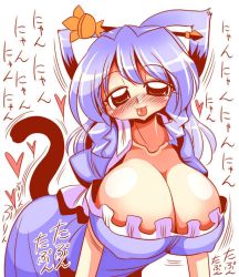 Rule 34 | 1girl, animal ears, blue hair, blush, breasts, cat ears, cat girl, cat tail, cleavage, female focus, kaku seiga, large breasts, md5 mismatch, resized, solo, tail, tongue, tongue out, touhou, translated, yuki hime haruka