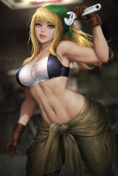 Rule 34 | 1girl, bandana, blonde hair, blue eyes, blurry, blurry background, breasts, brown gloves, cleavage, clothes around waist, crop top, fullmetal alchemist, gloves, green headwear, highres, looking at viewer, navel, neoartcore, realistic, smile, solo, stomach, tongue, winry rockbell, wrench