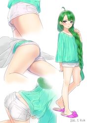 Rule 34 | 10s, 1girl, 2016, adjusting hair, all fours, ama mitsuki, ass, braid, dated, green eyes, green hair, kantai collection, legs, long hair, looking at viewer, lying, matching hair/eyes, mole, mole under mouth, multiple views, on side, panties, panty peek, short shorts, shorts, signature, simple background, single braid, sketch, slippers, thighs, underwear, upshorts, very long hair, whale tail (clothing), white background, yuugumo (kancolle)