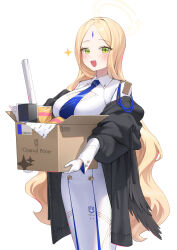 Rule 34 | 1girl, absurdres, ayumu (blue archive), black cardigan, black wings, blonde hair, blue archive, blue necktie, blush, box, breasts, cardboard box, cardigan, cleavage cutout, clothing cutout, collared dress, dong ji, dress, feathered wings, forehead jewel, green eyes, highres, holding, holding box, large breasts, long dress, long hair, looking at viewer, necktie, parted bangs, simple background, smile, solo, sparkle, very long hair, white background, white dress, wings