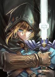 Rule 34 | 1boy, black background, black cloak, blonde hair, blue eyes, blue shirt, brooch, brown gloves, buckle, chain, cloak, closed mouth, commentary request, earrings, fingerless gloves, floating hair, gloves, glowing, glowing sword, glowing weapon, hair between eyes, highres, holding, holding sword, holding weapon, hood, hood up, hoop earrings, jewelry, kuroi susumu, light particles, link, looking at viewer, male focus, master sword, nintendo, pointy ears, serious, shirt, short sleeves, simple background, solo, sword, the legend of zelda, the legend of zelda: breath of the wild, triforce, two-handed, upper body, v-shaped eyebrows, vambraces, weapon, wind