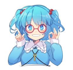 Rule 34 | 1girl, bad id, bad twitter id, bespectacled, blue eyes, blue hair, blue shirt, blush, eyebrows, frilled shirt collar, frills, glasses, grin, hair bobbles, hair ornament, index finger raised, kawashiro nitori, key, long sleeves, looking at viewer, matching hair/eyes, ok sign, red-framed eyewear, round eyewear, shirt, simple background, smile, solo, tori (otori), touhou, twintails, twitter username, two side up, upper body, white background