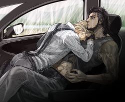 Rule 34 | 10s, 2boys, abs, aoco, car, car interior, clothes lift, final fantasy, final fantasy xv, gladiolus amicitia, ignis scientia, male focus, motor vehicle, multiple boys, muscular, rain, scar, shirt lift, sitting, straddling, tattoo, undressing, vehicle, water, wet, yaoi