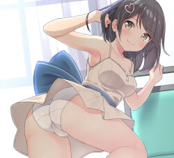 Rule 34 | 1girl, arm support, ass, ass focus, black hair, blue bow, blue ribbon, bob cut, bow, breasts, dress, hair ornament, hairclip, heart, heart hair ornament, hekomii, holding, holding hair, leaning, leaning on object, leg up, light blush, light smile, looking at viewer, medium breasts, medium hair, no bra, original, panties, pantyshot, ribbon, smile, solo, straight hair, sundress, swept bangs, underwear, white panties, yellow eyes