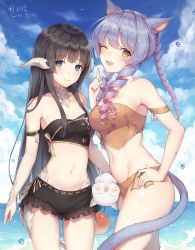 Rule 34 | 2girls, ;d, animal ears, arm strap, au ra, ayuanlv, bikini, black bikini, blue eyes, blue hair, blue sky, braid, breasts, brown bikini, brown hair, cat, cat ears, cat tail, character request, choker, cleavage, collarbone, cowboy shot, dated, day, drill hair, final fantasy, final fantasy xiv, gold trim, gradient hair, groin, hand on own hip, highres, index finger raised, long hair, looking at viewer, medium breasts, miqo&#039;te, multicolored hair, multiple girls, navel, one eye closed, open mouth, outdoors, pink hair, shiny skin, single braid, sky, smile, strapless, strapless bikini, swimsuit, tail, twin drills, two-tone hair, very long hair, water drop, yellow eyes