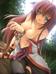 Rule 34 | 1girl, blue eyes, blush, bracelet, breasts, cleavage, clothes pull, day, female focus, head wings, jewelry, kazuma muramasa, large breasts, long hair, monk, nature, naughty face, nipple slip, nipples, no bra, outdoors, ragnarok online, red hair, rope, shirt pull, sitting, smile, solo, undressing, wings