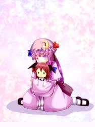 Rule 34 | 1girl, bad id, bad pixiv id, blush, character doll, crescent, doll, dress, embodiment of scarlet devil, female focus, frills, hair ribbon, hat, hat ribbon, hug, huleito, kneeling, koakuma, long hair, looking at viewer, mary janes, patchouli knowledge, ribbon, serious, shoes, socks, solo, touhou