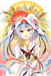 Rule 34 | 1girl, :d, blue eyes, blue hair, floating hair, flower, hatsune miku, holding, hood, japanese clothes, long hair, looking at viewer, open mouth, red flower, red ribbon, ribbon, smile, solo, standing, twintails, very long hair, vocaloid, yoishi (fuchi39), yuki miku