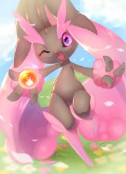 Rule 34 | 1girl, alternate color, arms up, artist request, black eyes, blue sky, blush, cloud, colored sclera, creatures (company), day, female focus, flower, furry, furry female, game freak, gen 4 pokemon, grass, happy, highres, looking at viewer, lopunny, nintendo, one eye closed, open mouth, outdoors, outstretched arms, petals, pink flower, pink sclera, pokemon, pokemon (creature), pokemon dppt, running, shiny pokemon, sky, smile, solo, standing, standing on one leg, wink, yellow flower