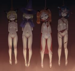 Rule 34 | 4girls, animal ears, blonde hair, blood, blue eyes, blue hair, breasts, brown eyes, cape, capelet, cat ears, cat tail, closed eyes, collarbone, corpse, death, empty eyes, fake animal ears, fake tail, full body, guro, halloween, halloween costume, hanged, hat, impaled, long hair, mao ling dang, medium hair, multiple girls, navel, nipples, nude, open mouth, orange hair, original, pussy, saliva, short hair, small breasts, snuff, stake, tail, tears, twintails, witch, witch hat