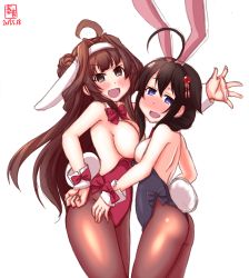 Rule 34 | 2girls, ahoge, alternate costume, animal ears, artist logo, ass, asymmetrical docking, back, bare shoulders, black hair, black leotard, blue eyes, blush, bow, bowtie, braid, breast press, breasts, brown hair, brown legwear, cleavage, collarbone, covered navel, cowboy shot, dated, detached collar, double bun, embarrassed, fake animal ears, hair between eyes, hair bun, hair flaps, hair ornament, hair over shoulder, headgear, highres, jewelry, kanon (kurogane knights), kantai collection, kongou (kancolle), leotard, long hair, looking at viewer, medium breasts, multiple girls, neck ribbon, nontraditional miko, open mouth, pantyhose, playboy bunny, purple eyes, rabbit ears, rabbit tail, red leotard, red ribbon, ribbon, ring, shigure (kancolle), signature, simple background, single braid, small breasts, smile, strapless, strapless leotard, tail, wedding ring, white background, wrist cuffs