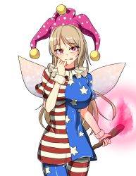 Rule 34 | 1girl, absurdres, aged up, alternate breast size, american flag, american flag dress, american flag legwear, blonde hair, blue dress, blue pantyhose, breasts, clownpiece, cowboy shot, dress, fairy, fairy wings, fire, flag print, hand on own face, hat, highres, large breasts, leo23, licking lips, long hair, looking at viewer, multicolored clothes, multicolored dress, multicolored legwear, neck ruff, pantyhose, pink fire, pink hat, polka dot headwear, red dress, red eyes, red pantyhose, short sleeves, smile, solo, standing, star (symbol), star print, striped clothes, striped dress, striped pantyhose, tongue, tongue out, torch, touhou, white background, wings, wrist cuffs