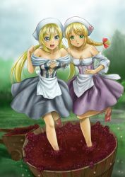 Rule 34 | 2girls, :d, apron, aqua eyes, bare shoulders, barefoot, barrel, blonde hair, braid, breasts, chaborin, cleavage, collarbone, dirty, dirty feet, dress, food, fruit, grape stomping, grapes, green eyes, hat, long hair, multiple girls, open mouth, original, single braid, smile, strapless, strapless dress, twintails, wagon, waist apron