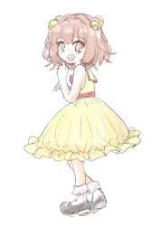 Rule 34 | 1girl, :d, aged down, alternate costume, bell, black footwear, bobby socks, commentary request, dress, frilled dress, frills, hair bell, hair ornament, looking at viewer, mary janes, motoori kosuzu, naegi (naegidokoro), open mouth, red eyes, red hair, shoes, short hair, simple background, sleeveless, smile, socks, solo, touhou, two side up, white background, white socks, yellow dress