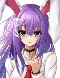 Rule 34 | 1girl, 7saki, animal ears, bad id, bad twitter id, bangle, blush, bracelet, choker, commentary request, hair between eyes, hair ornament, jewelry, lips, long hair, long sleeves, looking at viewer, necktie, purple eyes, purple hair, rabbit ears, rabbit hair ornament, red necktie, reisen udongein inaba, ring, shirt, solo, touhou, upper body, white shirt