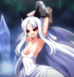 Rule 34 | 1girl, areola slip, armpits, arms up, aurora, bare shoulders, black sclera, breasts, cleavage, collarbone, colored sclera, covered navel, demon wings, dress, highres, jadf, long hair, looking at viewer, night, night sky, open mouth, outdoors, phantom kingdom, pointy ears, pram (phantom kingdom), red eyes, sky, slit pupils, small breasts, smile, solo, upper body, white dress, white hair, wings