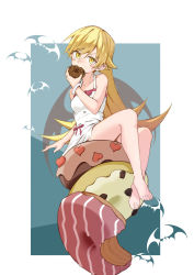 Rule 34 | 1girl, absurdres, animal, bakemonogatari, bare shoulders, barefoot, bat (animal), blonde hair, blush stickers, bow, breasts, doughnut, dress, dress bow, eating, food, food in mouth, heart, highres, long hair, looking at viewer, lyl54610, monogatari (series), oshino shinobu, pink bow, ringed eyes, sitting, small breasts, solo, sundress, toes, white dress, white wristband, yellow eyes