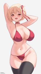 Rule 34 | 1girl, :d, absurdres, armpits, arms behind head, arms up, bikini, black thighhighs, blonde hair, breasts, choker, hair ribbon, highres, honeymark, large breasts, lycoris recoil, navel, nishikigi chisato, one side up, open mouth, red bikini, red choker, red eyes, red ribbon, ribbon, short hair, simple background, smile, solo, stomach, swimsuit, thighhighs, thighs, white background