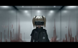 Rule 34 | 1girl, bad id, bad pixiv id, black jacket, blonde hair, blood, blurry, blurry background, closed mouth, depth of field, english text, facing viewer, fang, fang out, hair ornament, indoors, jacket, layered sleeves, letterboxed, long sleeves, original, short over long sleeves, short sleeves, sidelocks, smile, solo, twintails, upper body, yurichtofen