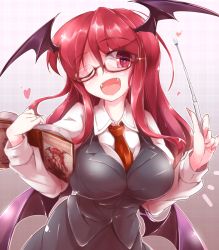 Rule 34 | 1girl, bespectacled, between breasts, book, breasts, demon girl, demon wings, fangs, fumitsuki (minaduki 6), glasses, head wings, heart, impossible clothes, juliet sleeves, koakuma, large breasts, long hair, long sleeves, looking at viewer, necktie, necktie between breasts, one eye closed, open mouth, pointer, puffy sleeves, recursion, red eyes, red hair, shirt, skirt, skirt set, smile, solo, stick, touhou, vest, wings