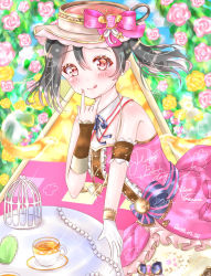 Rule 34 | 1girl, 2019, :p, artist name, bare shoulders, black hair, blush, bow, brown hat, cage, collared dress, dress, female focus, floral background, gloves, hat, highres, jewelry, looking at viewer, love live!, love live! school idol festival, love live! school idol project, nail, nail polish, parted lips, pink ribbon, red bow, red eyes, ribbon, ritsu (ritsuuu18), short hair, single glove, skirt, solo, striped, striped bow, tea, tongue, tongue out, twintails, v, white gloves, yazawa nico