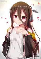 Rule 34 | 1girl, absurdres, ade-nyungsep, artist name, blush, breasts, brown hair, collarbone, dated, eyebrows, eyes visible through hair, hair ornament, hair ribbon, highres, jacket, long hair, looking at viewer, navel, open clothes, open jacket, original, red eyes, ribbon, shirt, simple background, small breasts, smile, solo