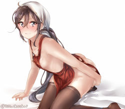 Rule 34 | 1girl, akebono (kancolle), apron, blush, breasts, brown thighhighs, closed mouth, commentary request, fallen down, hair between eyes, hair ornament, juurouta, kantai collection, long hair, looking at viewer, naked apron, purple eyes, purple hair, side ponytail, simple background, small breasts, solo, sweat, sweatdrop, thighhighs, twitter username, very long hair, white background