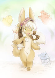 Rule 34 | 4others, :d, body fur, brown fur, ears through headwear, fangs, furry, hat, highres, made in abyss, multiple others, nanachi (made in abyss), narehate, navel, nude, open mouth, rabbit ears, sidelocks, smile, tail, tsumiki yuu, walking, whiskers, white hair, yellow eyes