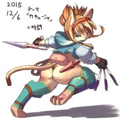 Rule 34 | 1girl, ass, brown hair, cat, female focus, full body, furry, furry female, green eyes, ni jikan, one eye closed, open mouth, short hair, solo, sword, weapon, white background