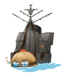 Rule 34 | 3girls, brown hair, chagen kokimu, crab, crab on head, goggles, kantai collection, machinery, multiple girls, oboro (kancolle), partially submerged, rigging, short hair, simple background, solo focus, starfish, swimming, wading, water, white background