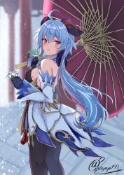 Rule 34 | 1girl, ahoge, bare shoulders, black gloves, black leotard, black pantyhose, blue hair, blurry, bow, breasts, depth of field, detached sleeves, dress, flower, from behind, ganyu (genshin impact), genshin impact, gloves, goat horns, hair bow, highres, holding, horns, kouno (uiyoyo199), leotard, long hair, long sleeves, looking at viewer, looking back, low ponytail, medium breasts, oil-paper umbrella, pantyhose, parted lips, purple eyes, signature, solo, standing, umbrella, very long hair, white dress, white flower