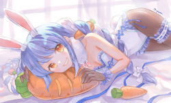 Rule 34 | 1girl, absurdres, animal ear fluff, animal ears, bare shoulders, black gloves, black pantyhose, blue hair, blush, bow, braid, breasts, bridal garter, bright pupils, carrot, carrot hair ornament, cleavage, collarbone, commentary request, cross-laced clothes, dress, feet out of frame, food-themed hair ornament, gloves, grin, hair bow, hair ornament, hair ribbon, highres, hololive, indoors, long hair, looking at viewer, lying, miyamo (fumifumi no ura), multicolored hair, on bed, on side, orange eyes, pantyhose, rabbit-shaped pupils, rabbit ears, rabbit girl, ribbon, small breasts, smile, solo, stuffed toy, swept bangs, symbol-shaped pupils, thick eyebrows, tress ribbon, twin braids, twintails, two-tone hair, usada pekora, virtual youtuber, white bow, white dress, white hair, white pupils, window