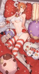 Rule 34 | 1girl, altera (fate), altera the santa (fate), alternate costume, bad id, bad pixiv id, bed, bell, blush, breasts, character doll, cosplay, dark-skinned female, dark skin, fake horns, fate/grand order, fate/prototype, fate/prototype: fragments of blue and silver, fate (series), fujimaru ritsuka (female), hassan of serenity (fate), hassan of serenity (merry sheep) (fate), hat, high heels, highres, horns, jingle bell, medium breasts, merlin (fate/stay night), multiple girls, one eye closed, open mouth, orange eyes, orange hair, original, pillow, sheep, short hair, solo, striped clothes, striped thighhighs, stuffed animal, stuffed toy, thighhighs, underboob, yayata (884)