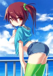 Rule 34 | 1girl, ass, blue sky, blueberry (5959), blush, breasts, brown eyes, brown hair, cloud, day, green thighhighs, large breasts, original, pointy breasts, scrunchie, short hair, short shorts, shorts, side ponytail, sky, solo, thighhighs, water