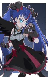 Rule 34 | 1girl, absurdres, armor, black dress, black thighhighs, black wings, blue eyes, blue hair, bow, bright pupils, brooch, clenched hands, commentary, cure sky, cut bangs, cure sky (dark), dark persona, detached sleeves, dress, dress bow, earrings, evil grin, evil smile, feathered wings, fingerless gloves, gloves, greeeenmodoki2, grey gloves, grin, highres, hirogaru sky! precure, jewelry, leg up, long hair, looking to the side, magical girl, medium dress, multicolored hair, pauldrons, precure, puffy detached sleeves, puffy sleeves, red hair, shoulder armor, single pauldron, single sidelock, single wing, sleeveless, sleeveless dress, smile, solo, spiked pauldrons, standing, standing on one leg, streaked hair, thighhighs, twintails, very long hair, white pupils, wing brooch, wing hair ornament, wings