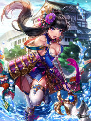Rule 34 | 1girl, :d, architecture, armor, bare shoulders, black hair, blue dress, blue sky, blush, box (hotpppink), breasts, cleavage, cleavage cutout, clothing cutout, cloud, collarbone, commentary request, day, detached sleeves, dress, east asian architecture, floating hair, floral print, flower, geta, green ribbon, hair flower, hair ornament, hair ribbon, high ponytail, highres, holding, holding polearm, holding spear, holding weapon, japanese armor, kanzashi, kusazuri, large breasts, leg up, light particles, light rays, long hair, looking at viewer, mountain, nail polish, obi, official art, open mouth, outdoors, pink nails, polearm, ponytail, purple eyes, purple flower, ribbon, sash, sengoku kishin valkyrie, short dress, sidelocks, sky, smile, solo, spear, standing, standing on one leg, tassel, thighhighs, tree, tsurime, twisted torso, two-handed, v-shaped eyebrows, vambraces, very long hair, water, water drop, weapon, white thighhighs