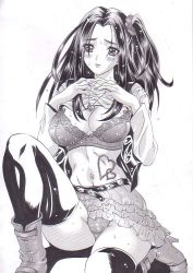 Rule 34 | 10s, 1girl, alternate breast size, ankle boots, bad id, bad pixiv id, boots, bra, breasts, clothes lift, clothes pull, graphite (medium), heart, jewelry, kurokawa eren, large breasts, lingerie, long hair, midriff, millipen (medium), monochrome, necklace, panties, precure, seiren (suite precure), shirt lift, shirt pull, side ponytail, skirt, solo, suite precure, sweat, taku-sy, thighhighs, traditional media, underwear