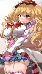 Rule 34 | 1girl, absurdres, blonde hair, blue skirt, blush, bow, breasts, brooch, clenched teeth, elbow gloves, feathers, frills, garter straps, gloves, gradient background, granblue fantasy, grey eyes, hat, highres, jewelry, large breasts, long hair, looking at viewer, maou (maoudaisukiya), monika weisswind, open mouth, peaked cap, red bow, red hat, shirt, skirt, sleeveless, sleeveless shirt, teeth, thighhighs, thighs, twintails, wavy hair, white gloves, white thighhighs