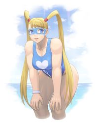 Rule 34 | 1girl, alternate costume, asymmetrical bangs, blonde hair, blue eyes, blue one-piece swimsuit, blue sky, breasts, cleavage, cloud, collarbone, commentary request, day, hands on own knees, heart, horizon, large breasts, leaning forward, long hair, looking at viewer, noppo (tarstation), ocean, one-piece swimsuit, open mouth, outdoors, rainbow mika, sky, solo, standing, street fighter, street fighter v, swimsuit, toned, twintails, very long hair, white background, wrestling mask, wristband