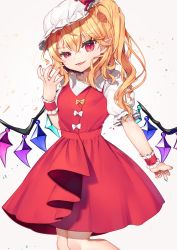 Rule 34 | 1girl, arm up, blonde hair, commentary request, cropped legs, fangs, fingernails, flandre scarlet, foul detective satori, gunjou row, hair between eyes, hat, hat ribbon, head tilt, highres, looking at viewer, mob cap, nail polish, one side up, open mouth, parted lips, pointy ears, puffy short sleeves, puffy sleeves, raised eyebrow, red eyes, red nails, red skirt, red vest, ribbon, shirt, short sleeves, simple background, skirt, slit pupils, solo, splatter background, touhou, uneven eyes, vest, white background, white hat, white shirt, wings, wrist cuffs