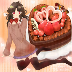 Rule 34 | 1girl, alternate costume, amagami, arm support, black hair, black thighhighs, blue skirt, cake, copyright name, facing viewer, female focus, food, fruit, happy valentine, heart, holding, holding heart, icing, long hair, looking at viewer, messy hair, no shoes, plate, red eyes, school uniform, sitting, skirt, sleeves past wrists, smile, solo, strawberry, sweater, takemi kaoru, tanamachi kaoru, thighhighs, zettai ryouiki