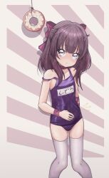 Rule 34 | 1girl, blue one-piece swimsuit, brown hair, choker, doughnut, fallenshadow, flat chest, food, hair ornament, hairclip, hand on own stomach, highres, hungry, indie virtual youtuber, name tag, old school swimsuit, one-piece swimsuit, pettan (zeez4743), pink background, pink eyes, ribbon, school swimsuit, short hair, simple background, solo, stomach growling, strap slip, striped, striped background, swimsuit, thighhighs, thighs, virtual youtuber, white thighhighs, wristband