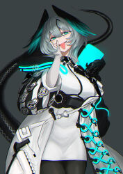 1girl absurdres aqua_eyes arknights coat dress grey_hair highres hiiragi_(hiragi_w_p_e) ho&#039;olheyak_(arknights) looking_at_viewer pencil_dress snake_girl snake_tail solo tail tongue tongue_out white_coat white_dress