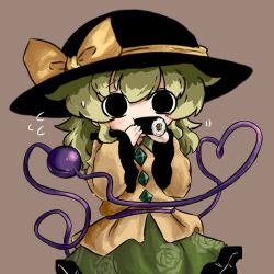 Rule 34 | 1girl, black eyes, black hat, blouse, blush, bow, brown background, buttons, diamond button, eating, eyeball, floral print, flying sweatdrops, food, frilled shirt collar, frilled skirt, frilled sleeves, frills, furrowed brow, green skirt, hands up, hat, hat bow, hat ribbon, heart, heart of string, heripantomorrow, holding, holding food, komeiji koishi, long sleeves, looking at viewer, medium hair, ribbon, rose print, shirt, simple background, skirt, solo, sushi, sweatdrop, third eye, touhou, wavy hair, wide sleeves, yellow bow, yellow ribbon, yellow shirt